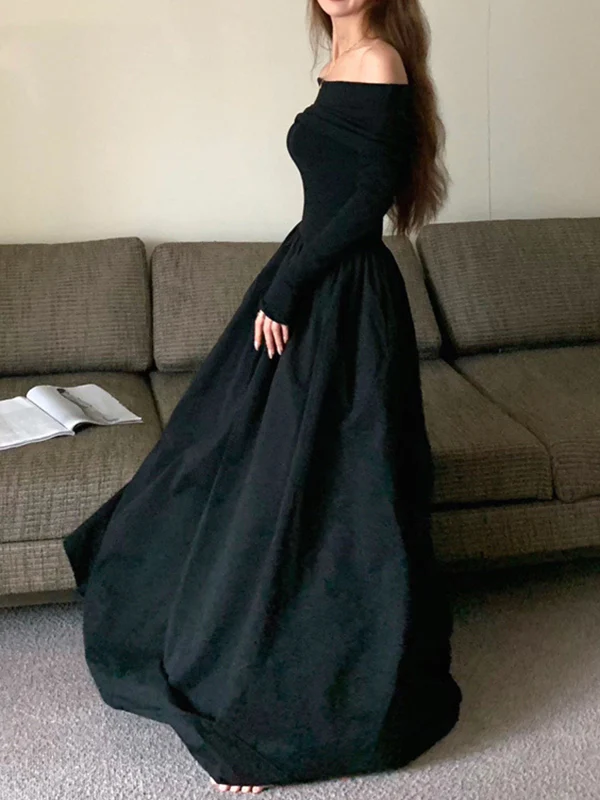 Long Sleeves Pleated Solid Color Split-Joint Off-The-Shoulder Maxi Dresses - Image 6