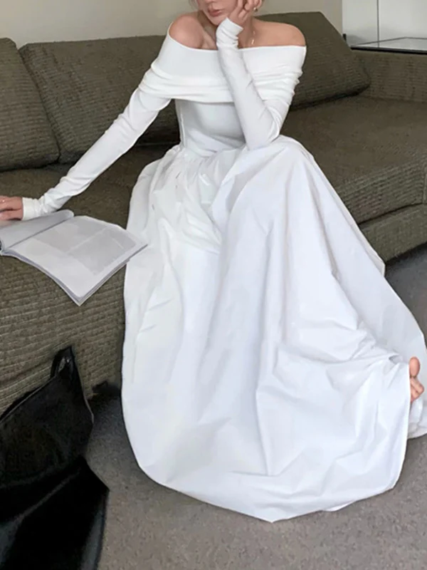 Long Sleeves Pleated Solid Color Split-Joint Off-The-Shoulder Maxi Dresses - Image 8