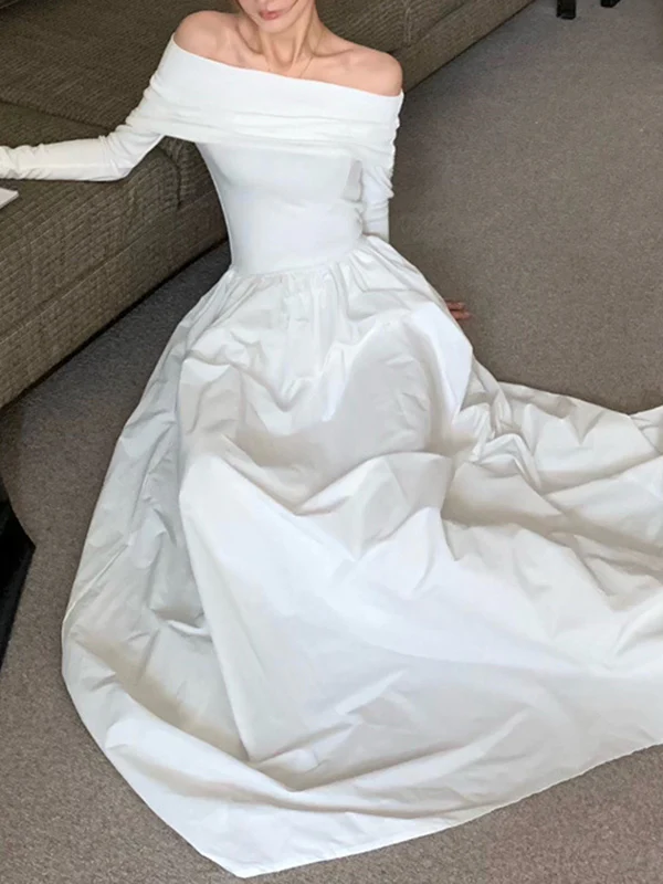 Long Sleeves Pleated Solid Color Split-Joint Off-The-Shoulder Maxi Dresses - Image 9