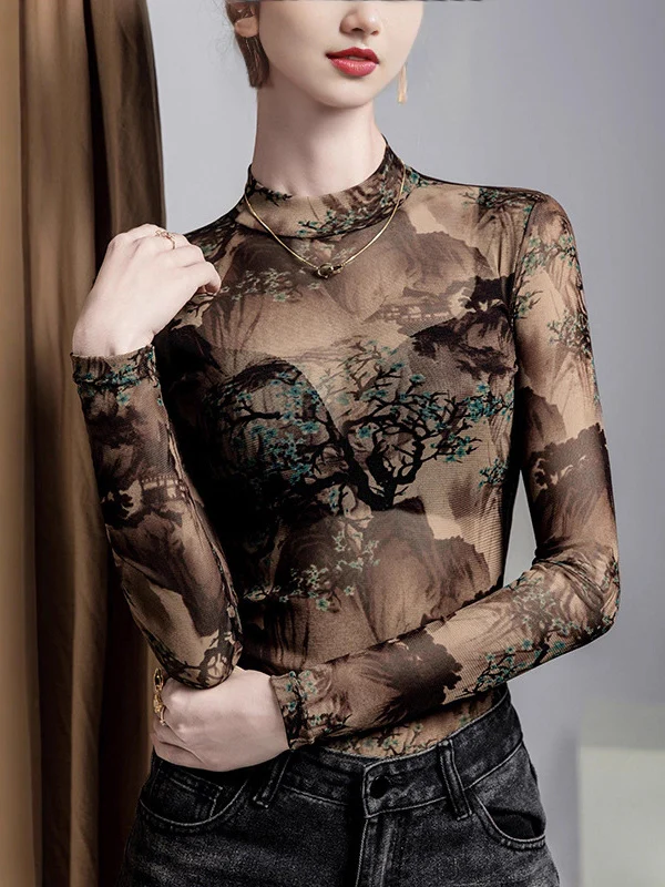 Long Sleeves Plus Size Asymmetric Mesh See-Through Split-Joint Round-Neck T-Shirts Tops - Image 3