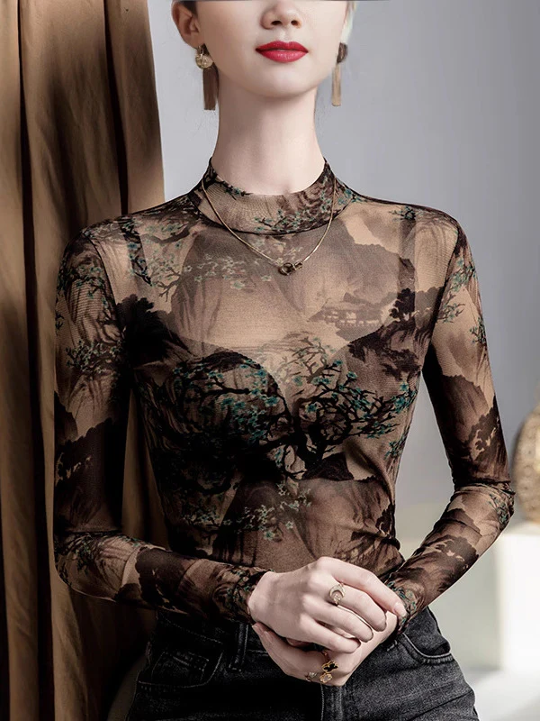 Long Sleeves Plus Size Asymmetric Mesh See-Through Split-Joint Round-Neck T-Shirts Tops - Image 4