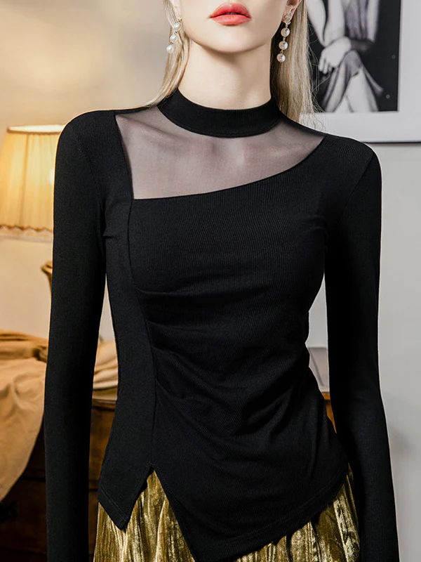 Long Sleeves Plus Size Asymmetric See-Through Solid Color Split-Front Split-Joint Round-Neck T-Shirts Tops