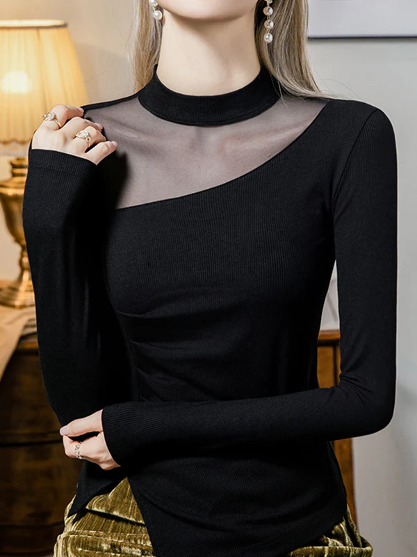 Long Sleeves Plus Size Asymmetric See-Through Solid Color Split-Front Split-Joint Round-Neck T-Shirts Tops - Image 2