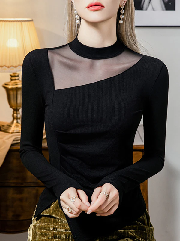 Long Sleeves Plus Size Asymmetric See-Through Solid Color Split-Front Split-Joint Round-Neck T-Shirts Tops - Image 5