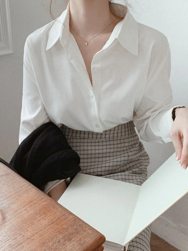 Long Sleeves Plus Size Buttoned Comfort Solid Color Lapel Blouses&Shirts Tops - Image 4