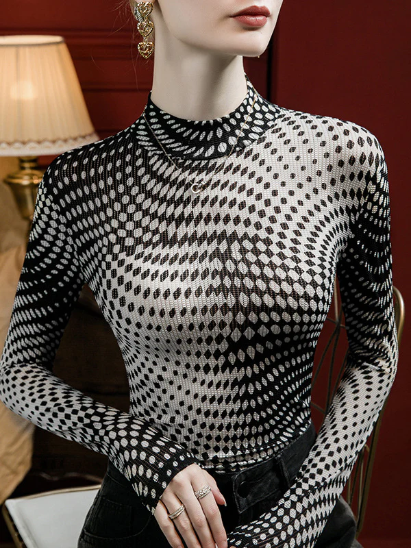 Long Sleeves Plus Size Contrast Color Printed Mock Neck T-Shirts Tops - Image 2