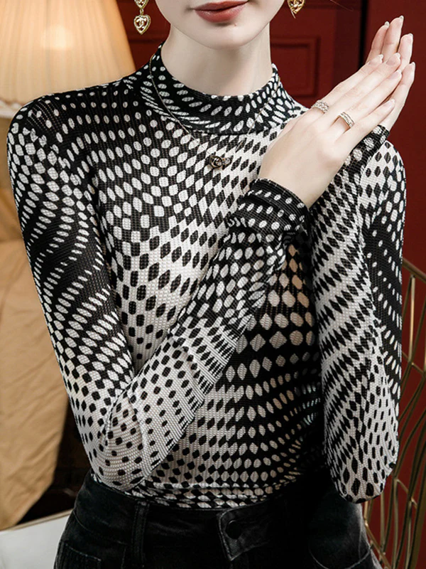Long Sleeves Plus Size Contrast Color Printed Mock Neck T-Shirts Tops - Image 4