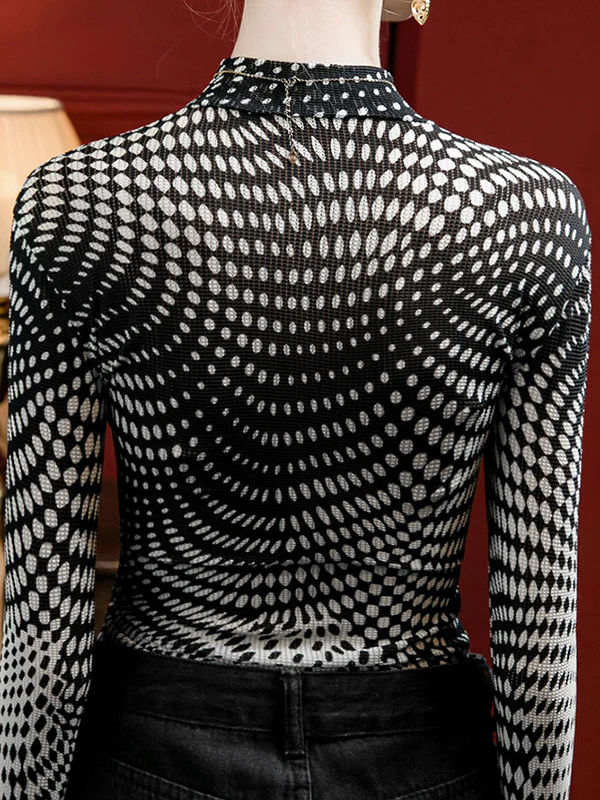 Long Sleeves Plus Size Contrast Color Printed Mock Neck T-Shirts Tops - Image 6