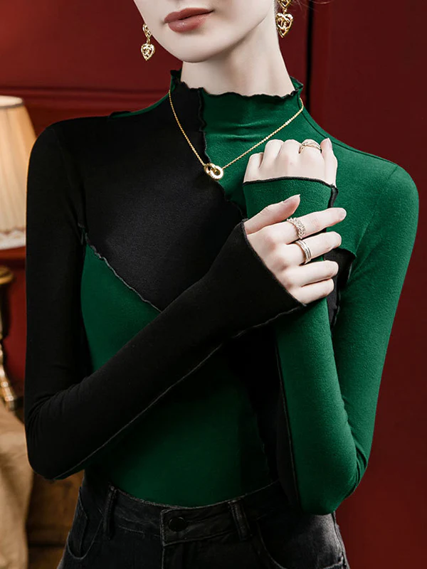 Long Sleeves Plus Size Contrast Color Ruffle Trim Split-Joint Mock Neck T-Shirts Tops - Image 2