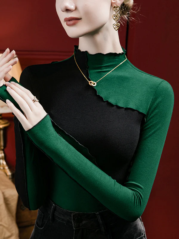 Long Sleeves Plus Size Contrast Color Ruffle Trim Split-Joint Mock Neck T-Shirts Tops - Image 5