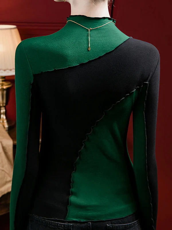 Long Sleeves Plus Size Contrast Color Ruffle Trim Split-Joint Mock Neck T-Shirts Tops - Image 6