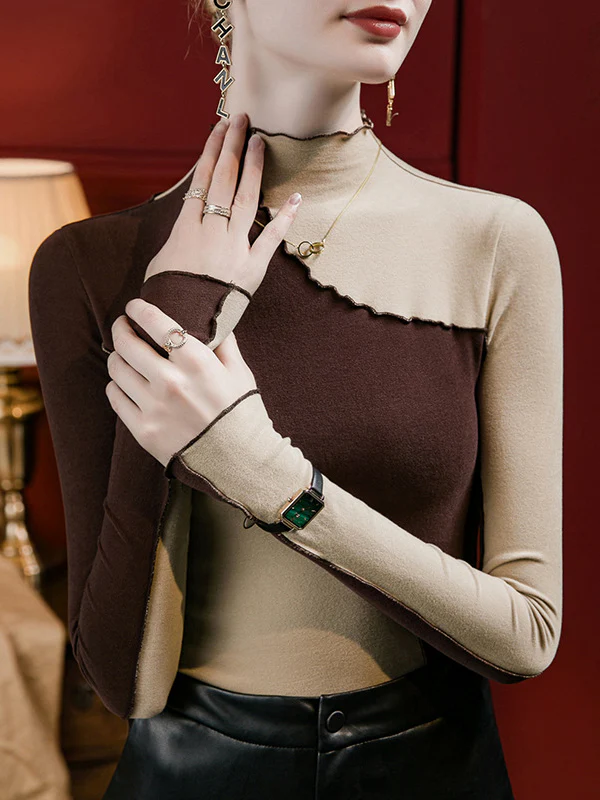 Long Sleeves Plus Size Contrast Color Ruffle Trim Split-Joint Mock Neck T-Shirts Tops - Image 7