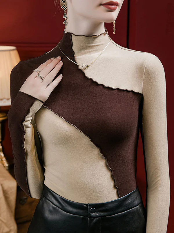 Long Sleeves Plus Size Contrast Color Ruffle Trim Split-Joint Mock Neck T-Shirts Tops - Image 8