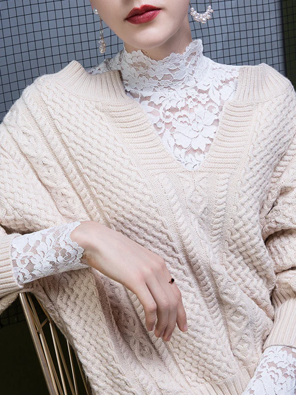 Long Sleeves Plus Size Gauze See-Through Split-Joint High Neck T-Shirts - Image 10