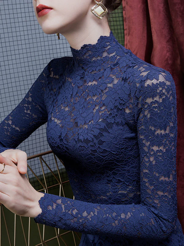 Long Sleeves Plus Size Gauze See-Through Split-Joint High Neck T-Shirts - Image 2