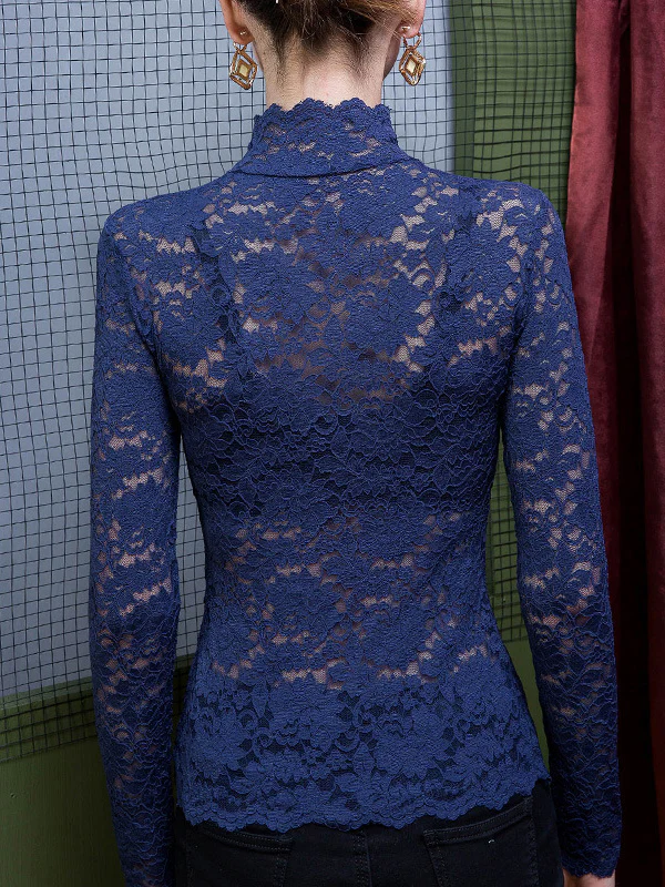 Long Sleeves Plus Size Gauze See-Through Split-Joint High Neck T-Shirts - Image 5
