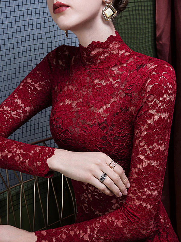 Long Sleeves Plus Size Gauze See-Through Split-Joint High Neck T-Shirts - Image 6