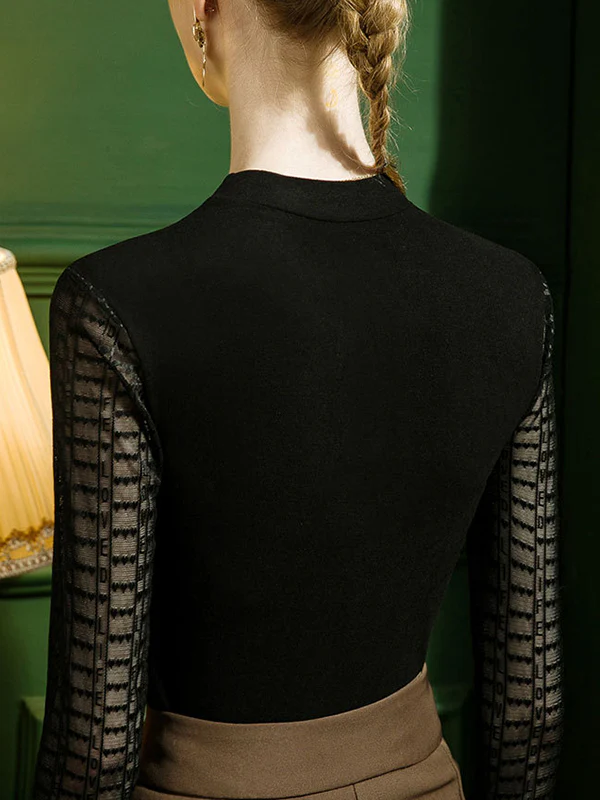 Long Sleeves Plus Size Hollow Jacquard Solid Color Split-Joint Round-Neck T-Shirts Tops - Image 6