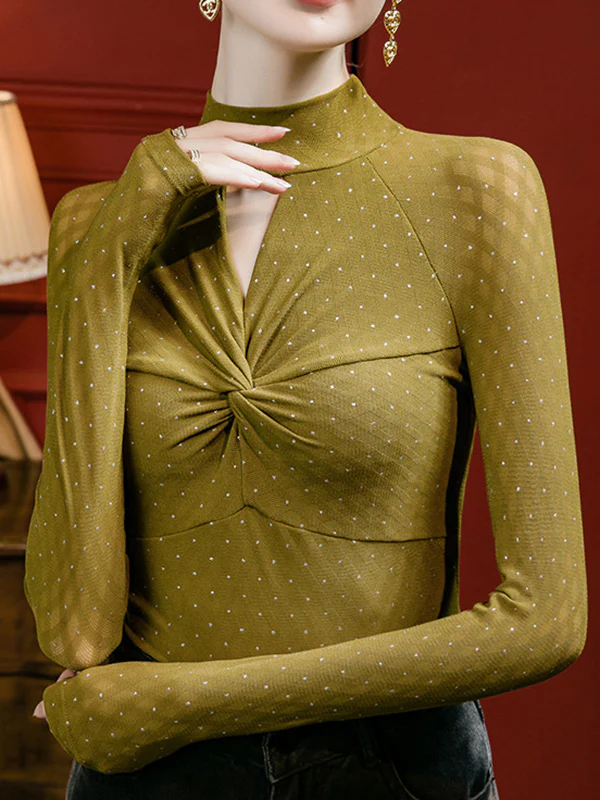Long Sleeves Plus Size Hollow Knot Polka-Dot Rhine Stones Split-Joint Mock Neck T-Shirts Tops - Image 2