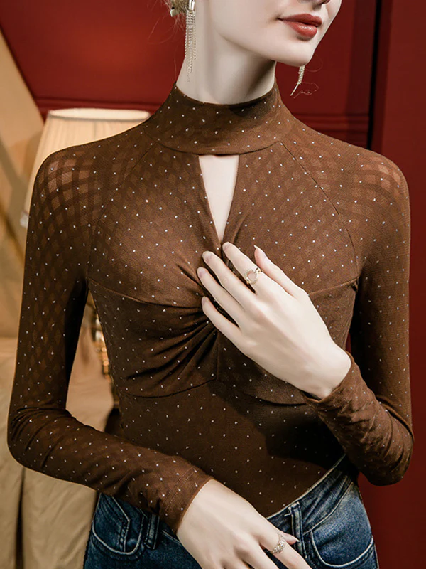 Long Sleeves Plus Size Hollow Knot Polka-Dot Rhine Stones Split-Joint Mock Neck T-Shirts Tops - Image 4