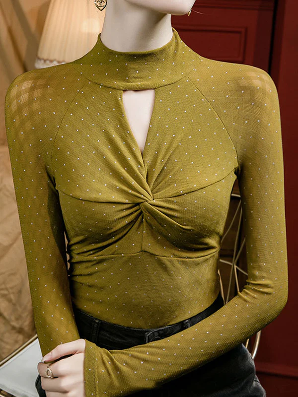 Long Sleeves Plus Size Hollow Knot Polka-Dot Rhine Stones Split-Joint Mock Neck T-Shirts Tops - Image 5