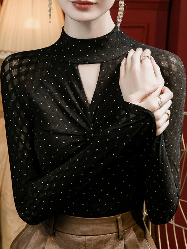 Long Sleeves Plus Size Hollow Knot Polka-Dot Rhine Stones Split-Joint Mock Neck T-Shirts Tops - Image 7