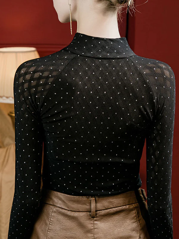 Long Sleeves Plus Size Hollow Knot Polka-Dot Rhine Stones Split-Joint Mock Neck T-Shirts Tops - Image 8