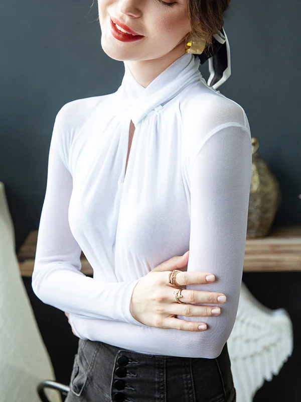 Long Sleeves Plus Size Hollow Mesh Pleated See-Through Solid Color Twist Half Turtleneck Blouses&Shirts Tops - Image 10