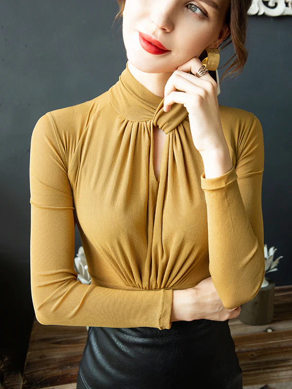 Long Sleeves Plus Size Hollow Mesh Pleated See-Through Solid Color Twist Half Turtleneck Blouses&Shirts Tops - Image 12