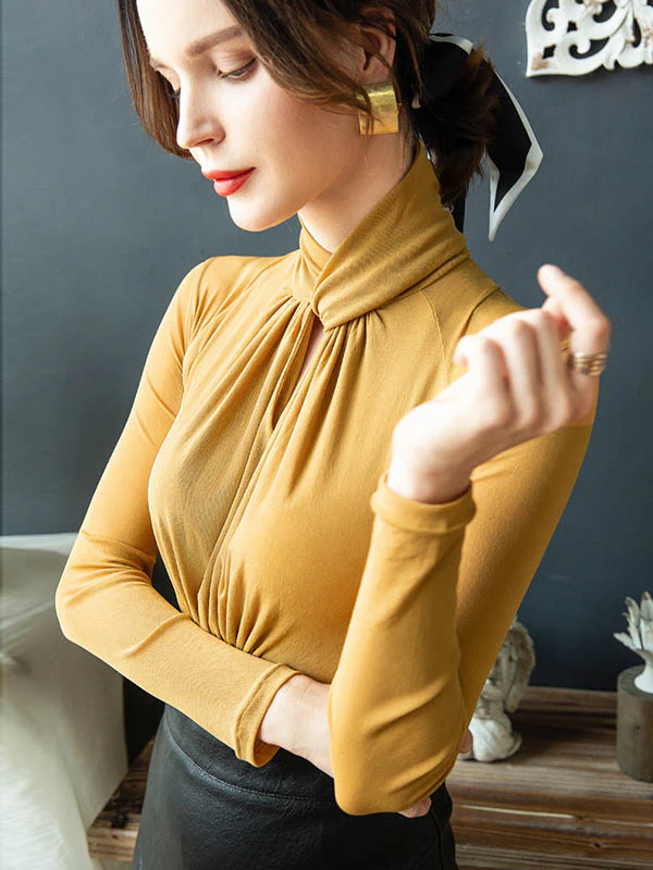 Long Sleeves Plus Size Hollow Mesh Pleated See-Through Solid Color Twist Half Turtleneck Blouses&Shirts Tops - Image 13