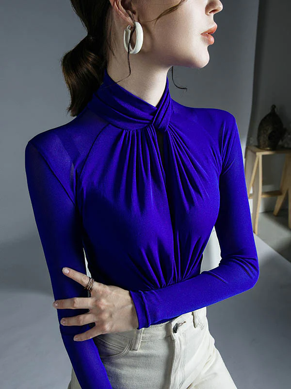 Long Sleeves Plus Size Hollow Mesh Pleated See-Through Solid Color Twist Half Turtleneck Blouses&Shirts Tops - Image 14