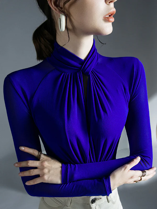 Long Sleeves Plus Size Hollow Mesh Pleated See-Through Solid Color Twist Half Turtleneck Blouses&Shirts Tops - Image 15