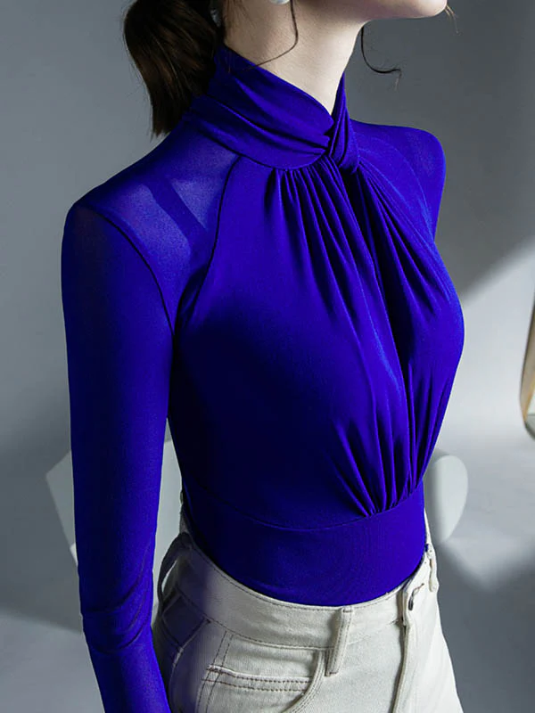 Long Sleeves Plus Size Hollow Mesh Pleated See-Through Solid Color Twist Half Turtleneck Blouses&Shirts Tops - Image 16