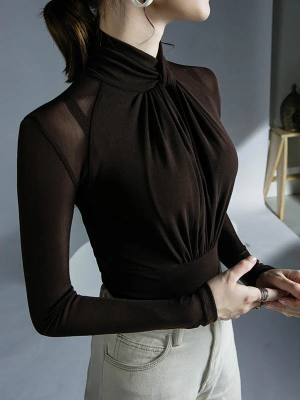 Long Sleeves Plus Size Hollow Mesh Pleated See-Through Solid Color Twist Half Turtleneck Blouses&Shirts Tops - Image 18