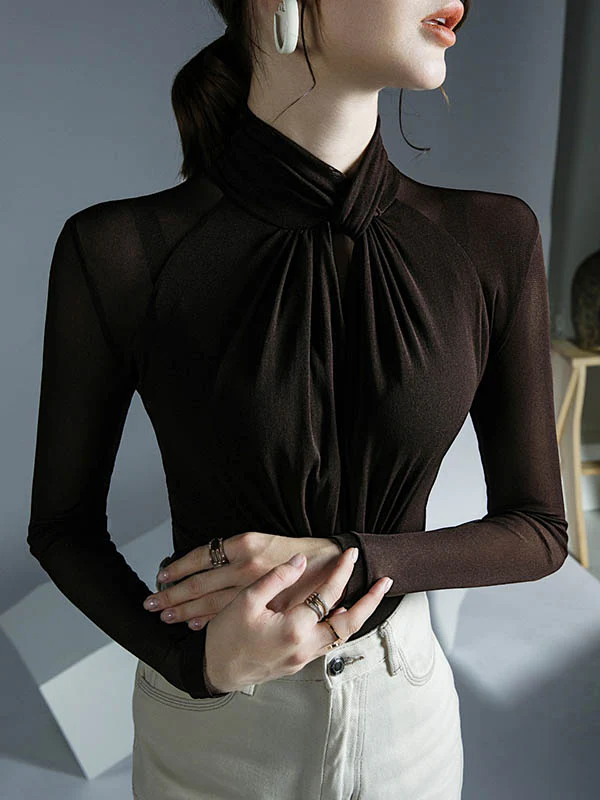 Long Sleeves Plus Size Hollow Mesh Pleated See-Through Solid Color Twist Half Turtleneck Blouses&Shirts Tops - Image 19