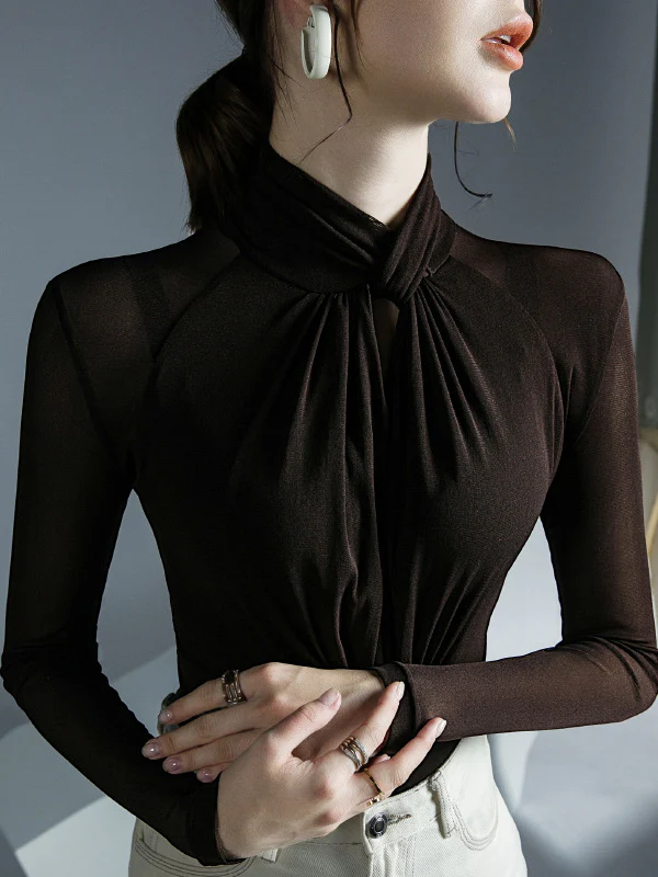 Long Sleeves Plus Size Hollow Mesh Pleated See-Through Solid Color Twist Half Turtleneck Blouses&Shirts Tops - Image 20