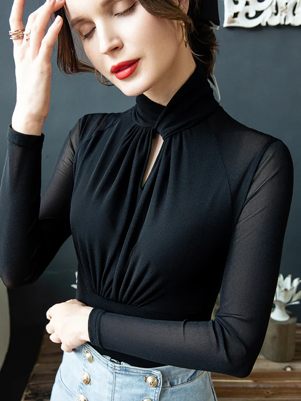 Long Sleeves Plus Size Hollow Mesh Pleated See-Through Solid Color Twist Half Turtleneck Blouses&Shirts Tops - Image 3