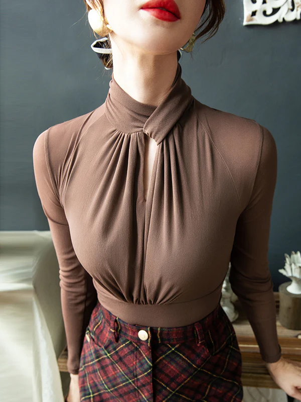 Long Sleeves Plus Size Hollow Mesh Pleated See-Through Solid Color Twist Half Turtleneck Blouses&Shirts Tops - Image 6
