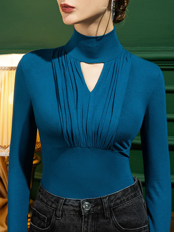 Long Sleeves Plus Size Hollow Pleated Solid Color Mock Neck T-Shirts Tops - Image 4