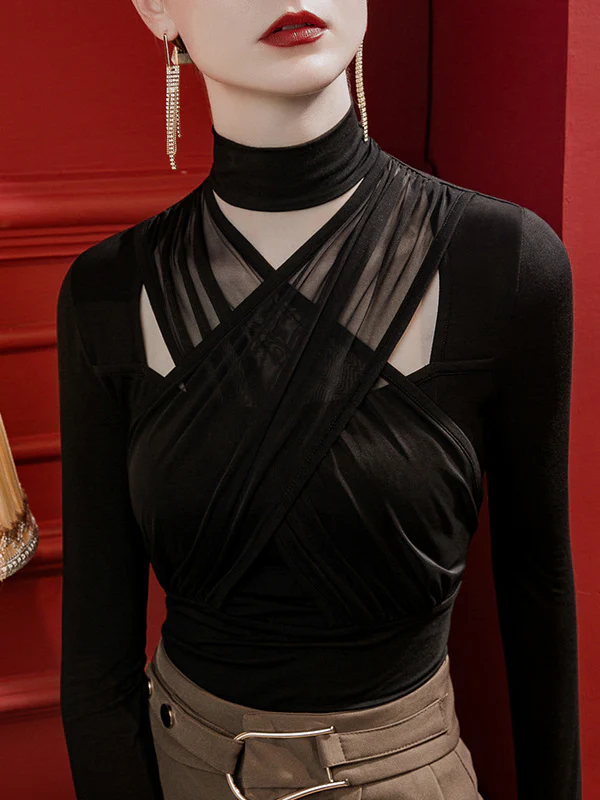 Long Sleeves Plus Size Hollow Pleated Solid Color Split-Joint High Neck T-Shirts Tops - Image 3