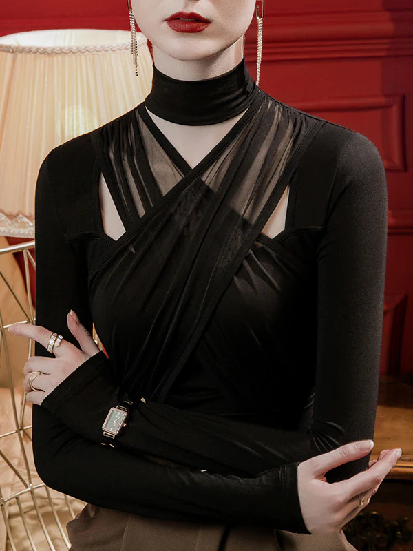 Long Sleeves Plus Size Hollow Pleated Solid Color Split-Joint High Neck T-Shirts Tops - Image 4