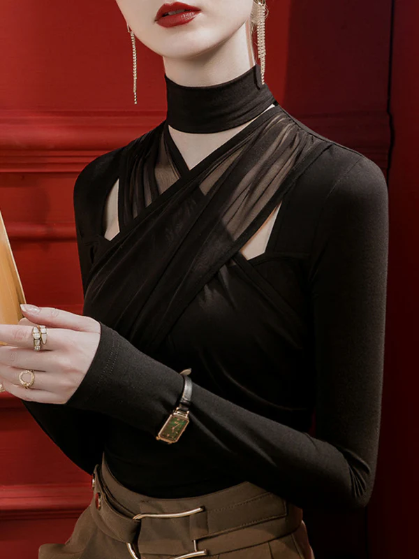 Long Sleeves Plus Size Hollow Pleated Solid Color Split-Joint High Neck T-Shirts Tops - Image 5