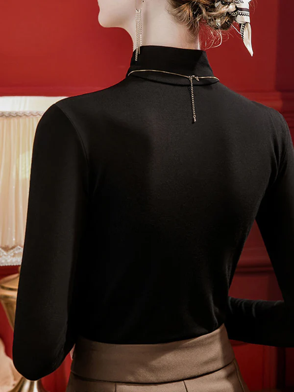 Long Sleeves Plus Size Hollow Pleated Solid Color Split-Joint High Neck T-Shirts Tops - Image 6