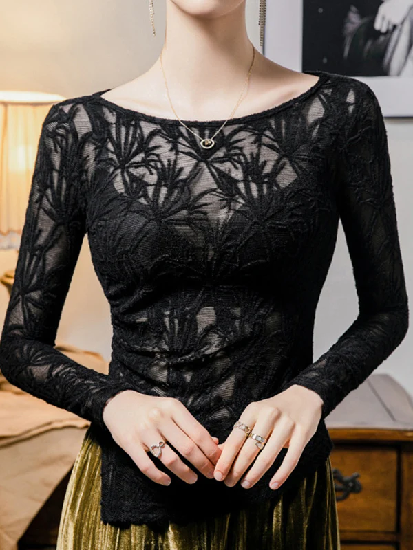 Long Sleeves Plus Size Hollow See-Through Solid Color Split-Side Round-Neck T-Shirts Tops - Image 2