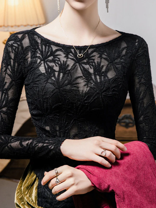 Long Sleeves Plus Size Hollow See-Through Solid Color Split-Side Round-Neck T-Shirts Tops - Image 4