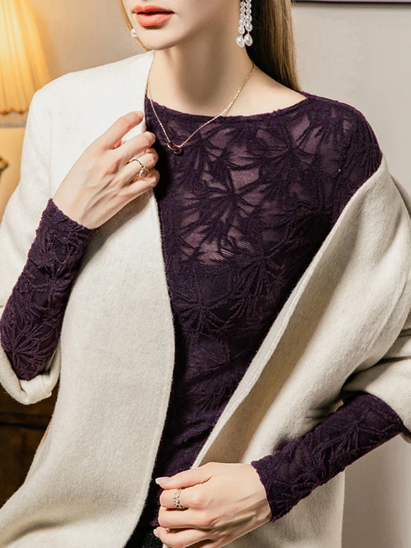 Long Sleeves Plus Size Hollow See-Through Solid Color Split-Side Round-Neck T-Shirts Tops - Image 6