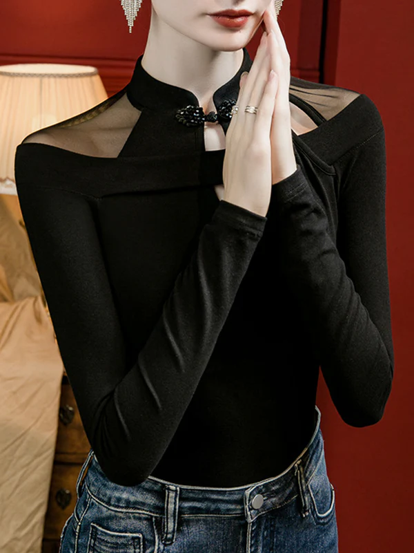 Long Sleeves Plus Size Hollow Solid Color Split-Joint Mock Neck T-Shirts Tops - Image 3