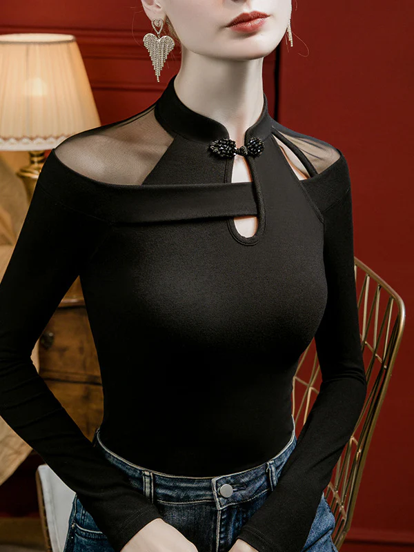 Long Sleeves Plus Size Hollow Solid Color Split-Joint Mock Neck T-Shirts Tops - Image 4