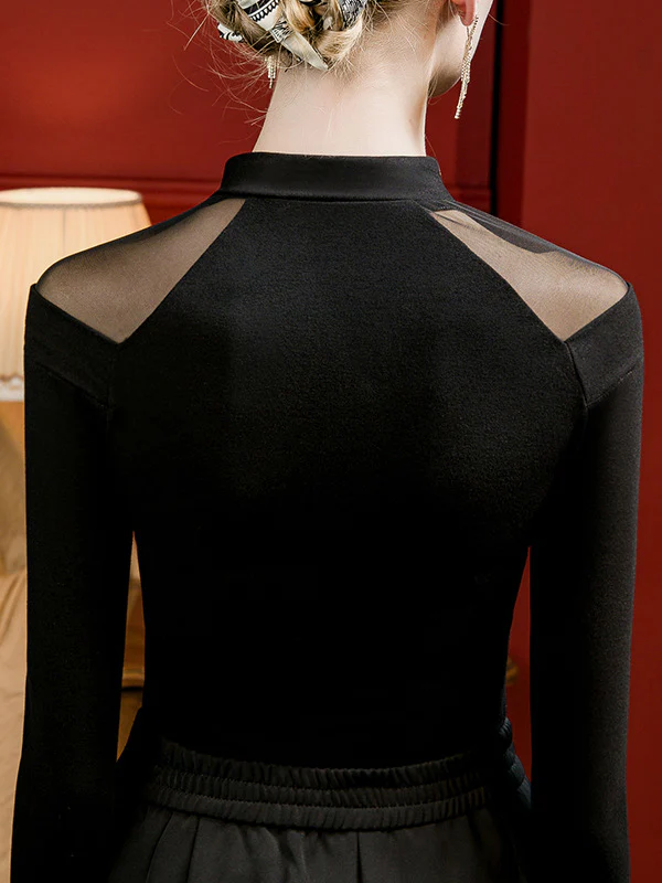 Long Sleeves Plus Size Hollow Solid Color Split-Joint Mock Neck T-Shirts Tops - Image 5