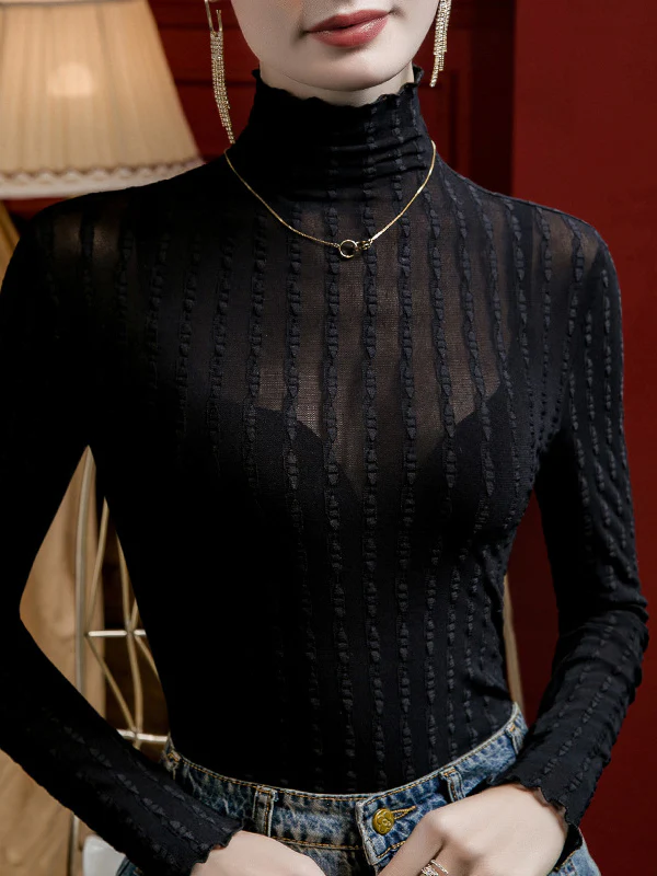 Long Sleeves Plus Size Jacquard See-Through Solid Color Split-Joint High Neck T-Shirts Tops - Image 2